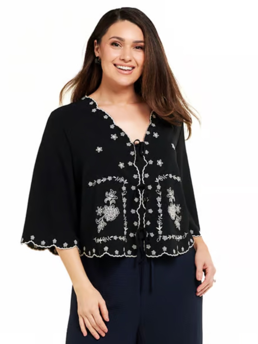 Adrianna Papell 3/4 Sleeve Embroidered Airflow Tie Blouse